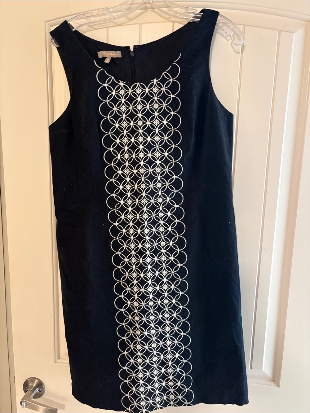 Tommy Bahama Embroidered Sheath Dress Women 10 Black White Cotton Blend Trendy